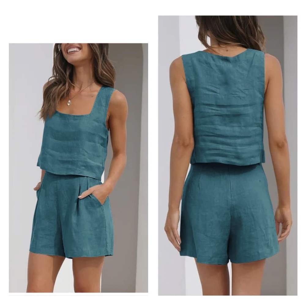Two Piece Lounge Matching Set Square Neck Tank Crop Top and Shorts